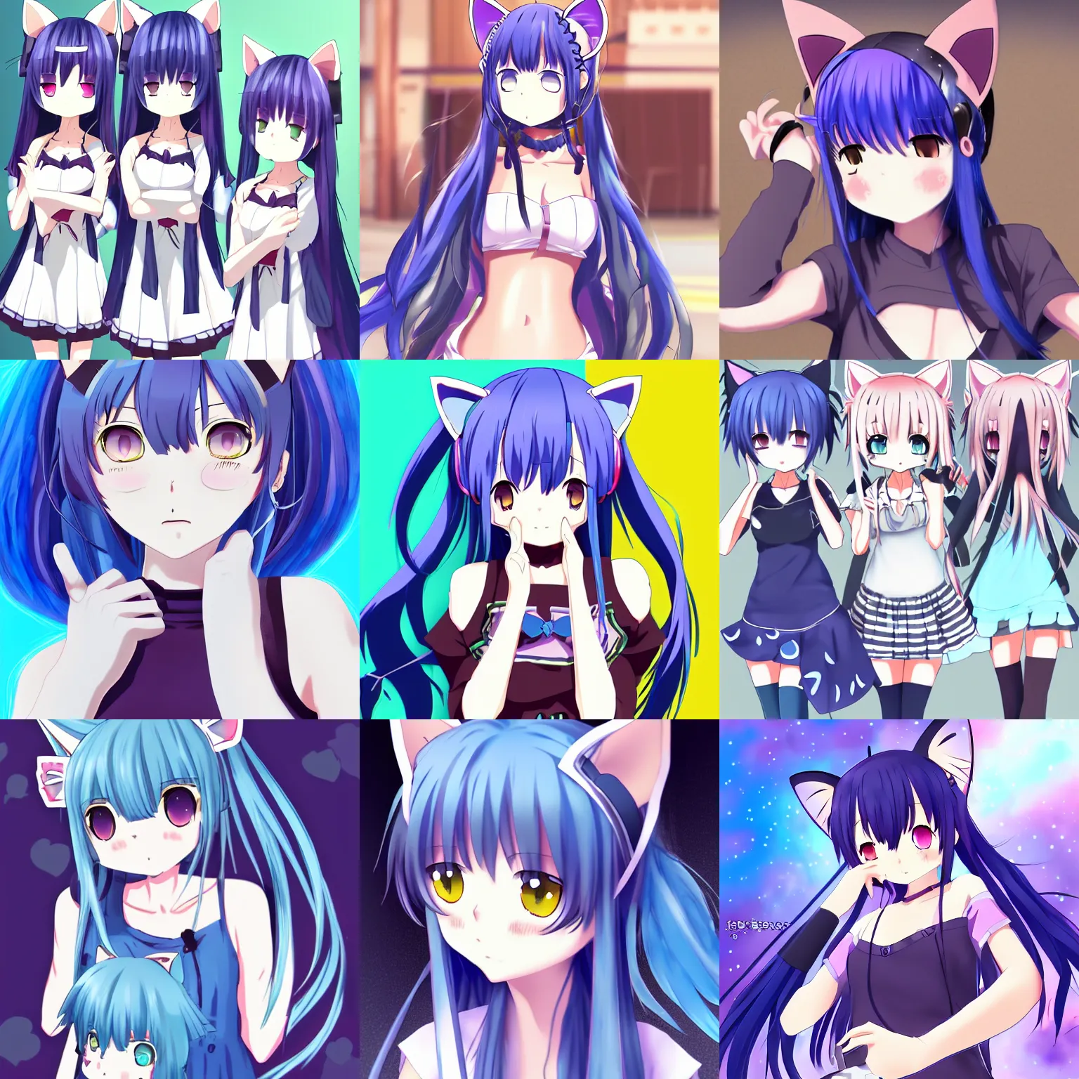 Prompt: nekopara vn modern anime style art blue hair detailed cat ears cat girl nekomimi dress vibrant nebula sky smiling shinkai makoto Studio ghibli Sakimichan Kentaro Miura