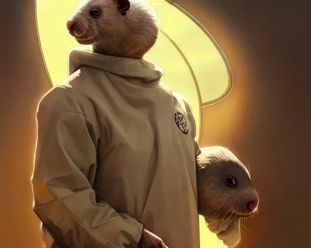 Prompt: a man in radiation suit with giant mole rat, vivid eyes, real life skin, intricate, elegant, highly detailed, artstation, concept art, smooth, sharp focus, art by artgerm and greg rutkowski and alphonse mucha