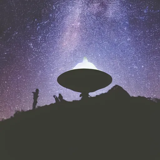 Prompt: Film still of silhouette of indian statue, sukhasana, starry sky, flying saucer, ufo, ufo, ufo, with radiating hill, full shot