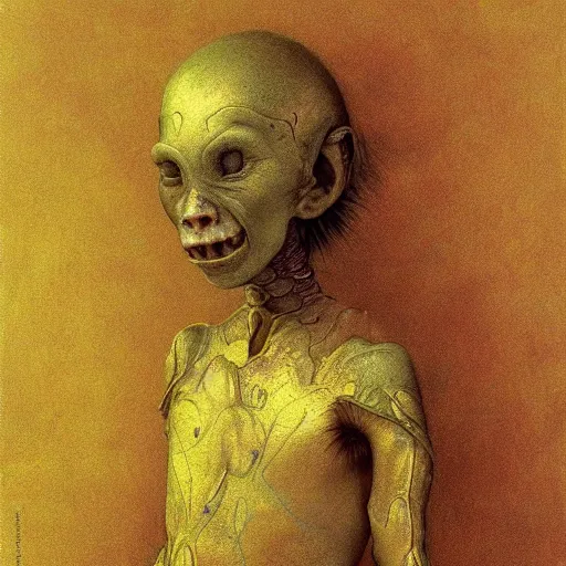 Image similar to portrait of ethereal young cute funny goblin warrior-princess in golden armour by Beksinski