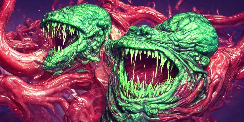 Image similar to a muscular slimy creepy monster, open mouth, with very long slimy tongue, dripping saliva, mouths inside mouths, macro photo, fangs, red glowing veins, thin blue arteries, green skin with scales, cinematic colors, standing in shallow water, insanely detailed 8 k artistic photography, dramatic lighting