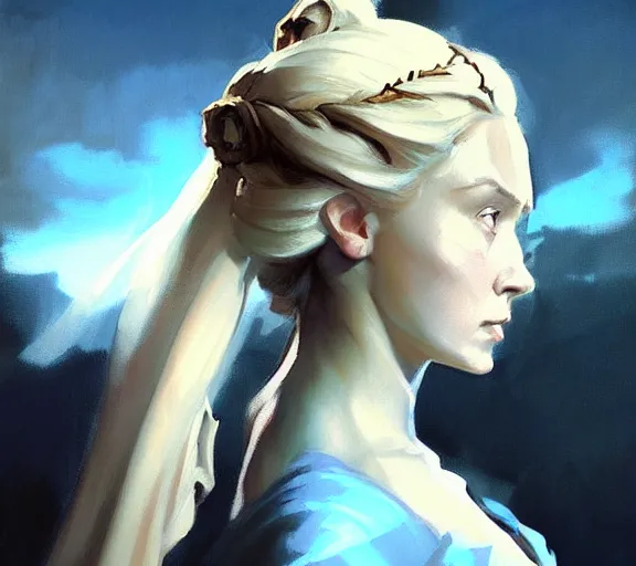 Image similar to greg manchess portrait painting of beautiful princess as game of throne character, medium shot, asymmetrical, profile picture, organic painting, sunny day, matte painting, by greg rutkowski, by greg tocchini, by james gilleard, by joe fenton, dynamic lighting, gradient light blue, brown, blonde cream and white color scheme, grunge aesthetic