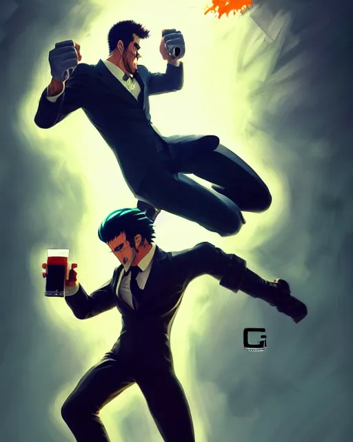 Prompt: gigachad luigi fighting like one punch man in a suit holding a beer can, fantasy character portrait, ultra realistic, full body concept art, intricate details, highly detailed by greg rutkowski, ilya kuvshinov, gaston bussiere, craig mullins, simon bisley