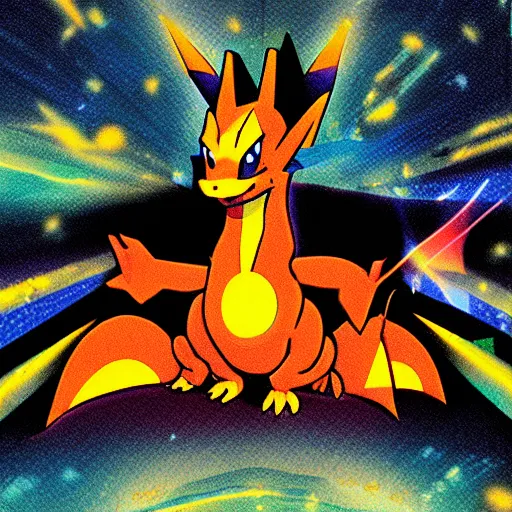 Prompt: charizard observes the space - time continuum on heroic dose of psilocybin in various realities n - 9