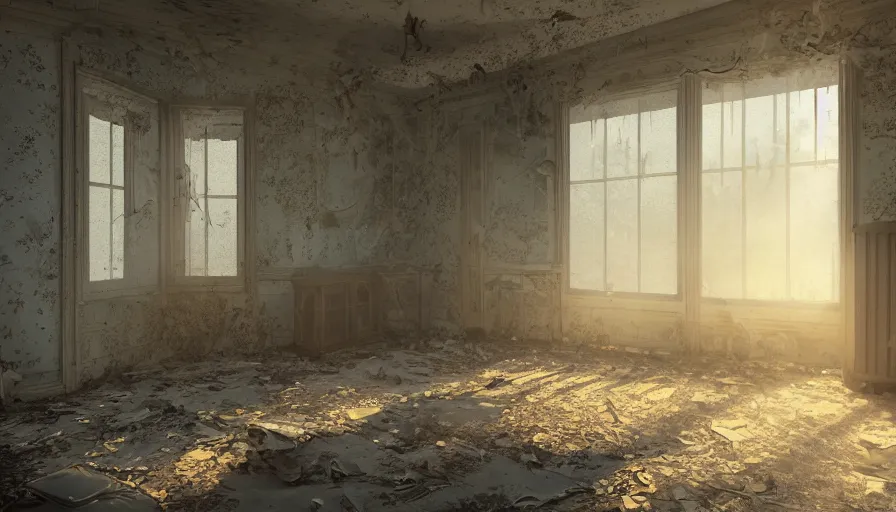 Image similar to abandoned 7 0's manor, dusty furnitures, sunlight through broken dusty windows, curtains floating in the wind, dust particles, old yellowed wallpaper, hyperdetailed, artstation, cgsociety, 8 k