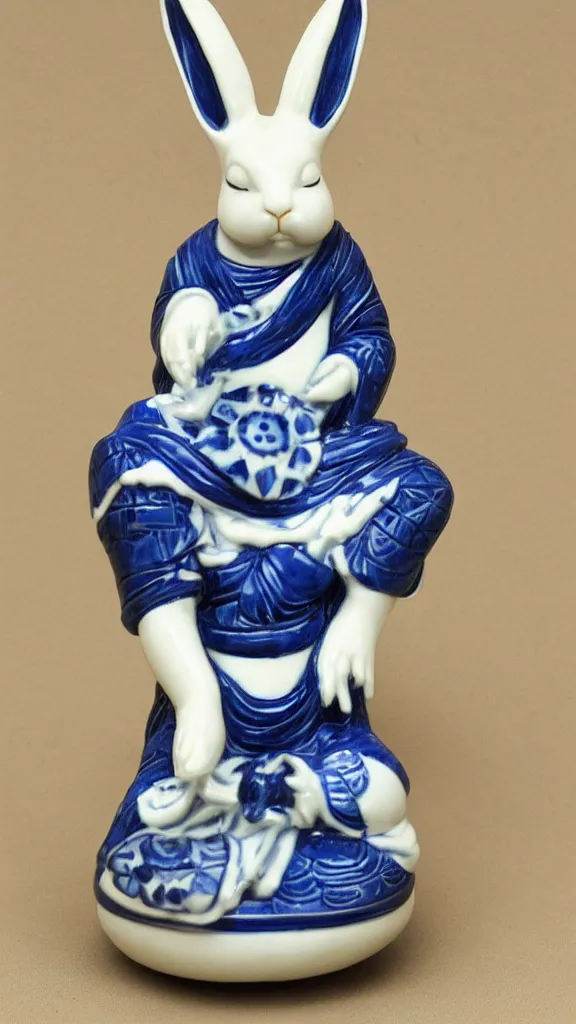 Image similar to porcelain rabbit head budda statue with blue arabesque details get a japanese kiseru in her hand painted by john singer sargent