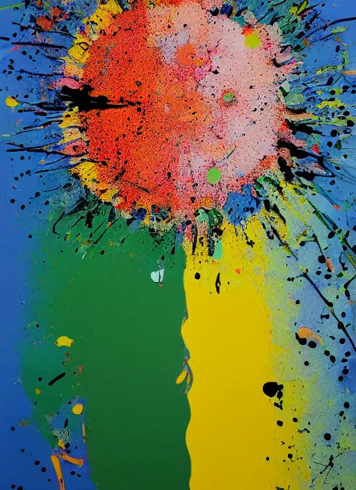 Prompt: Sunrise by Damien Hirst, paint knife strokes, mixed media, minimal paint splatter, hypermaximalist, photo realistic, 8k