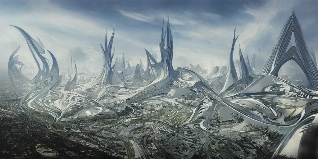 Image similar to a beautiful painting of epic fantasy islamic zaha hadid city by alan lee, trending on artstation