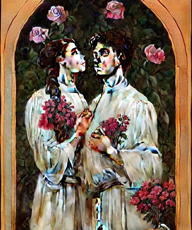 Image similar to two beautiful young catholic priests are in love in the church garden of roses, portrait, intricate, elegant, highly detailed, 20mm film, smooth, sharp focus, art by artgerm and greg rutkowski and alphonse mucha