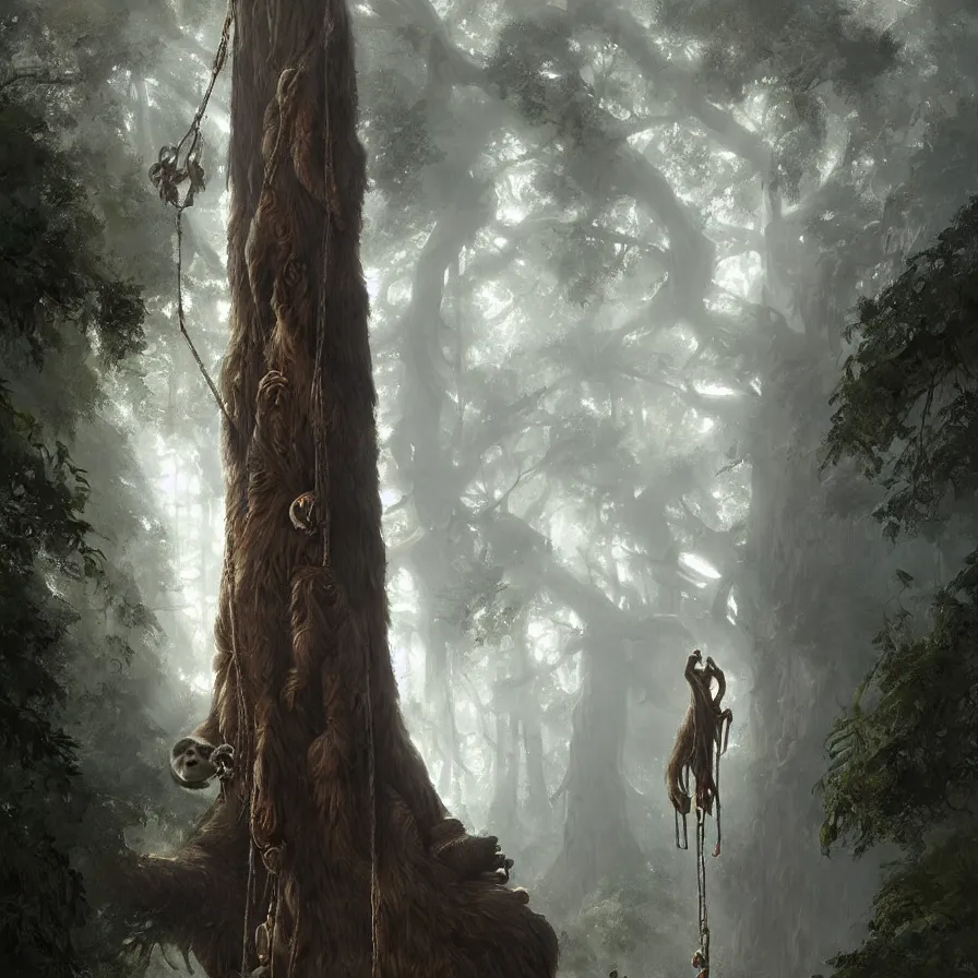 Image similar to colossal sloth hanging from a giant redwood tree, high detail, dramatic light, digital art, painted by greg rutkowski, painted by seb mckinnon, trending on artstation