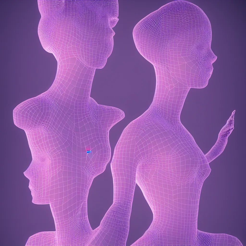 Image similar to beautiful mannequin sculpted out of amethyst by billelis + lit with 3 d geometric neon + facing a doorway opening with neon pink geometric fractal light + flowering hosta plants!!!, moon in background!, rule of thirds, clean linework, dramatic, award winning, 4 k, trending on artstation, photorealistic, volumetric lighting, octane render