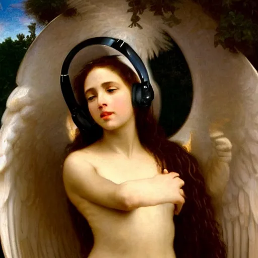 Prompt: an oil painting of an angel with headphones listening to vaporwave, by Bouguereau, highly detailed and intricate,