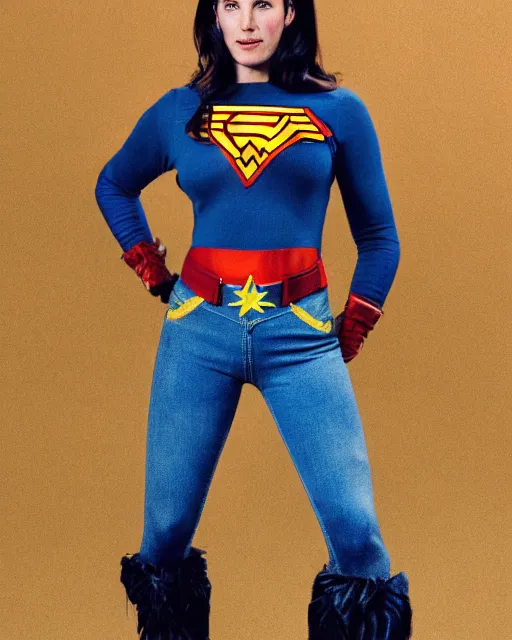 Image similar to a Chimpanzee, dressed as Wonder Woman, is wearing tight fit Blue Jean pants, photographed in the style of Annie Leibovitz, photorealistic