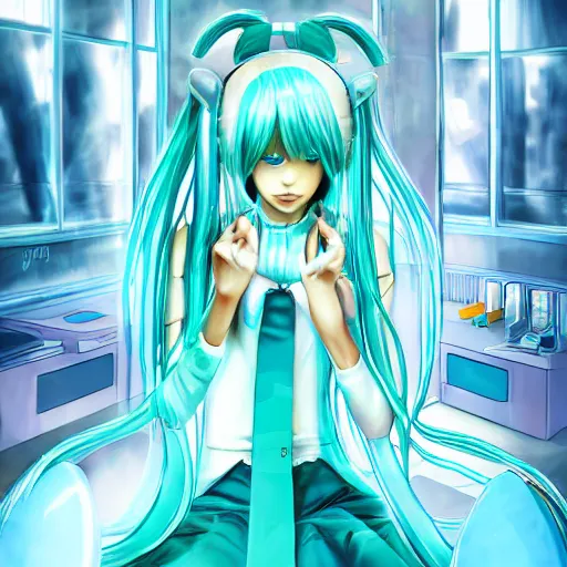 Image similar to full body digital painting of hatsune miku inside a liminal space abandoned ikea