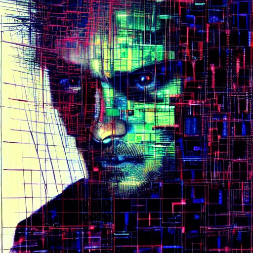 Prompt: hyperrealistic portrait of a cyberpunk man, young, smooth, medium hair, immersed within a network, by Guy Denning, Johannes Itten, Derek Gores, Russ Mills, glitch art, hyper focus, fine detail, polished, complex, hacking effects, holographic, digital tech effects, color blocking!, realistic, acrylic on canvas, concept art, abstract!, symmetrical, 8k, concept art, octane, cgsociety, trending on artstation