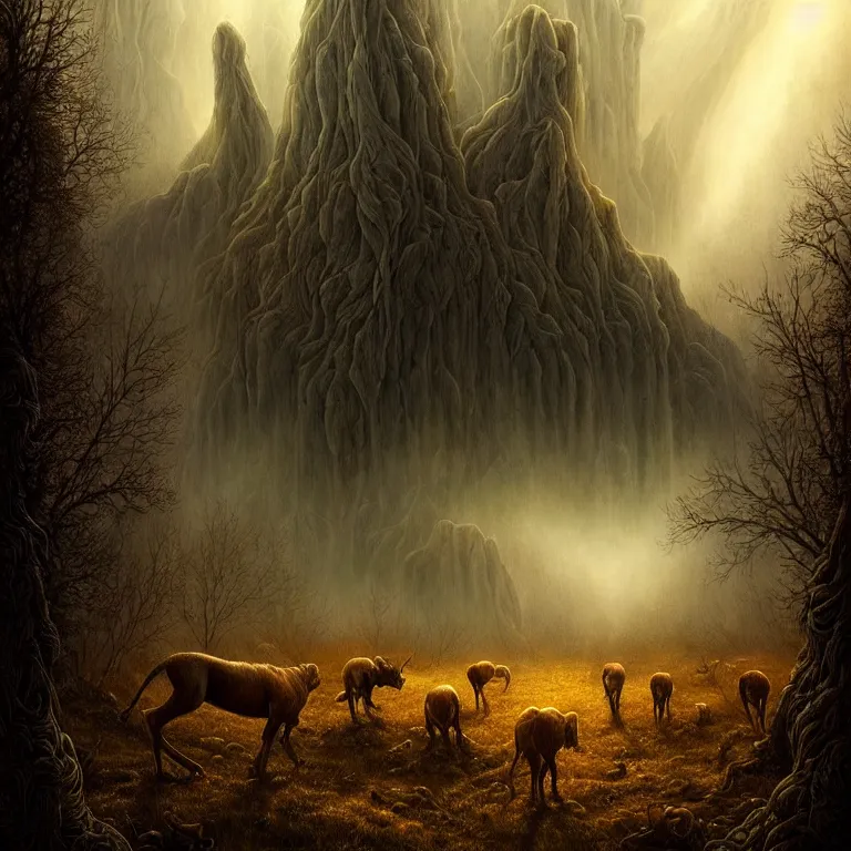 Image similar to epic professional digital art of startling hungry landscape, faint golden moody atmospheric lighting, painted, intricate, detailed, detailed, foreboding, by leesha hannigan, wayne haag, reyna rochin, ignacio fernandez rios, mark ryden, iris van herpen,, epic, stunning, gorgeous, much wow, cinematic, masterpiece.