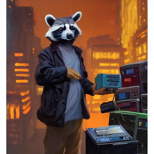 Image similar to greg manchess painting of a trash panda character, holding a box of cables and standing next to old electronic equiptment, medium shot, asymmetrical, profile picture, organic painting, night time, dark, neon lights, matte painting, bold shapes, hard edges, street art, trending on artstation, by huang guangjian and gil elvgren and sachin teng