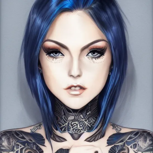 Prompt: a stunning woman with dark hair, blue eyes and face tattoos. full body shot, trending on pixiv, cinematic composition, detailed, hd, digital art