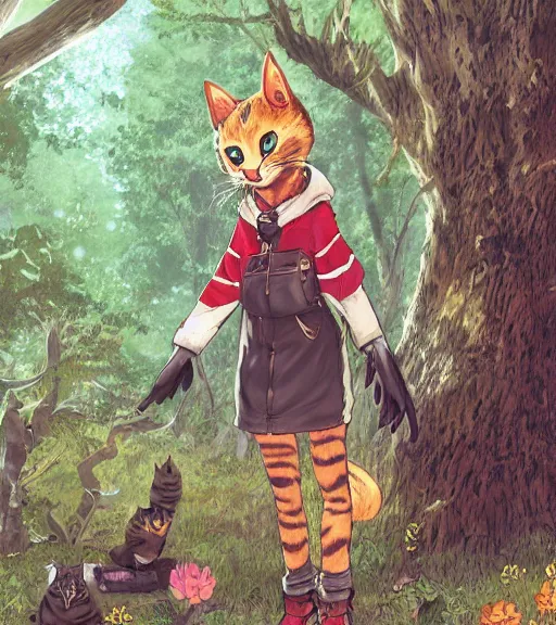 Image similar to character portrait of the anthro anthropomorphic cat head animal person fursona wearing clothes standing in the bright forest, hidari, color page, tankoban, 4 k, tone mapping, akihiko yoshida