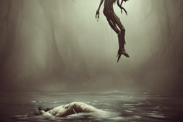 Image similar to a creepy drowned man crawling out of the water, white eyes, slimy, veiny skin, muscles, standing in shallow water, drowned, unsettling, creepy, artstation, cgsociety, illustration