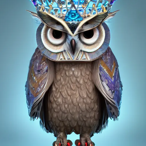 Prompt: magical owl, charactor, big blue eyes, with a diamond crown on his head, hyper detailed, stylistic, symmetrical, 3 d render, 8 k, octane render