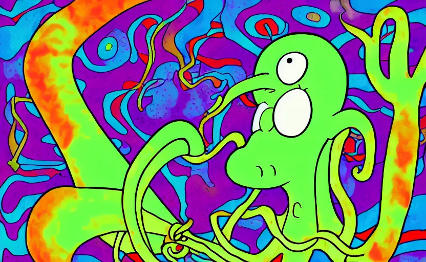Image similar to squidward taking an acid trip, digital painting