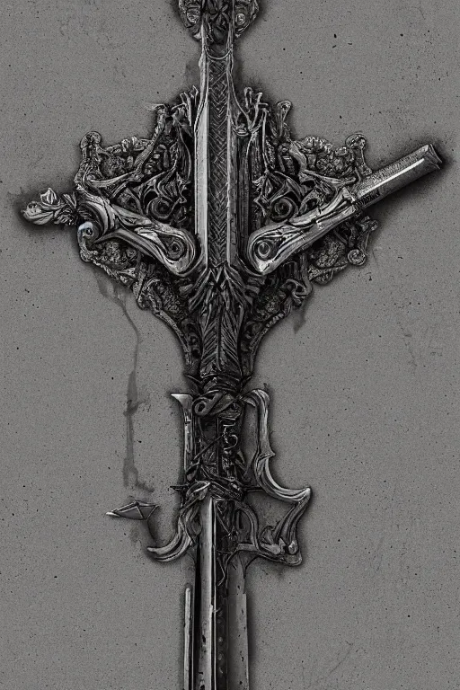 Image similar to sword of justice hanging on a wall, ornate gem in pommel, engraved blade, herringbone floor, low angle, greg rutkowski