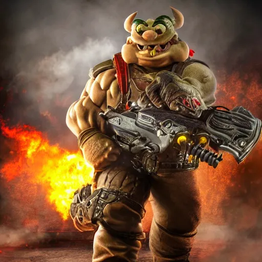 Image similar to Bowser from Mario in Gears of War, highly detailed, high quality, HD, 4k, 8k, Canon 300mm, professional photographer, 40mp, lifelike, top-rated, award winning, realistic, sharp, no blur, edited, corrected, trending