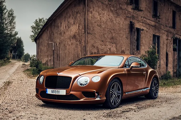 Image similar to modern rusty matte tired Bentley Continental GT without gloss no reflections drives along the road of an old Russian village with houses at the edges