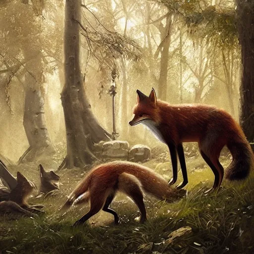 Prompt: Fox ornate playing in the woodlands by Greg rutkowski