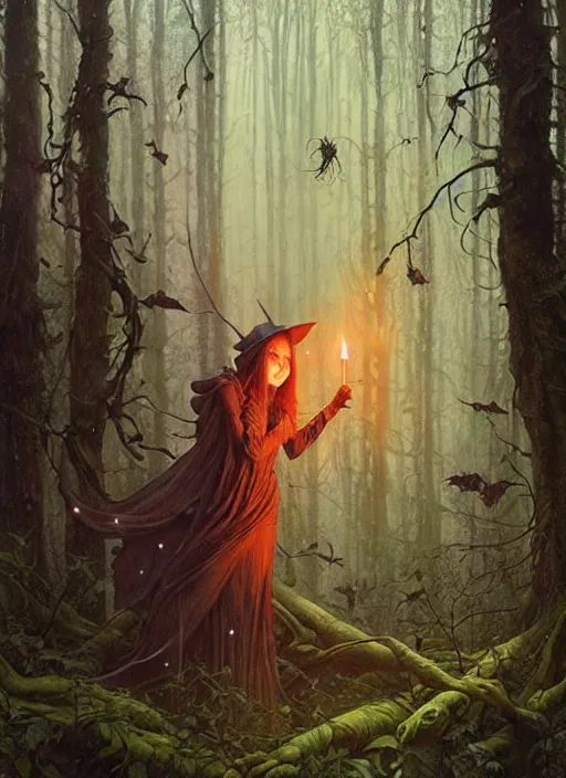 Prompt: a hyper realistic witch shrine, candles, in the woods, distant explosions, gorgeous lighting, lush forest foliage, painting by chiara bautista and tom bagshaw, mucha, beksinski and norman rockwell and greg rutkowski weta studio, and lucasfilm