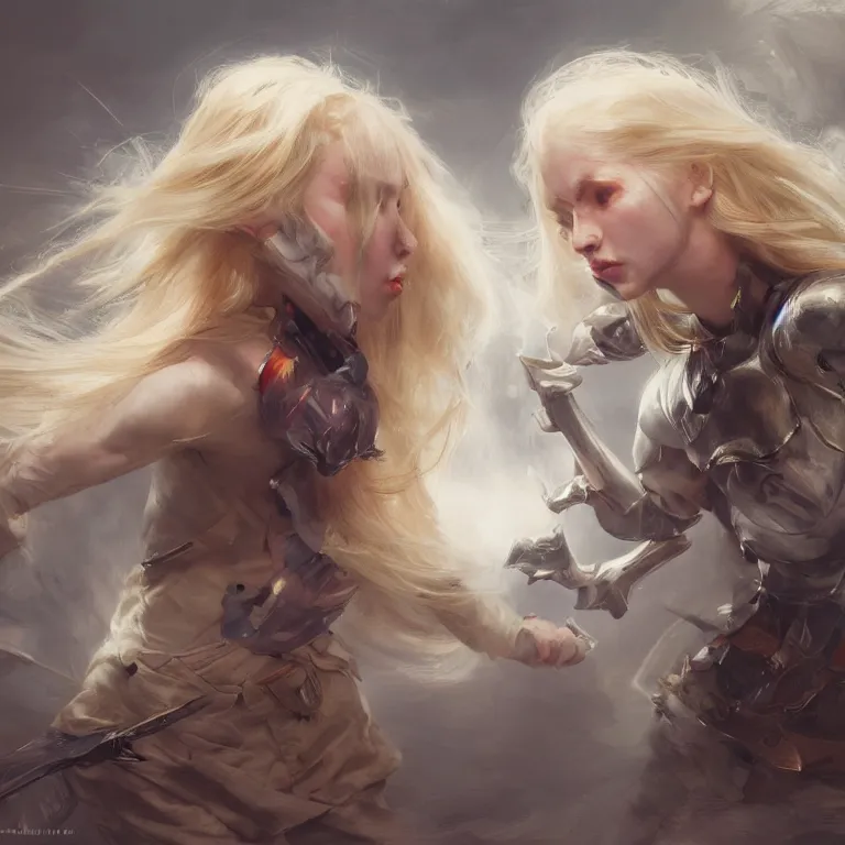 Prompt: Identical pale blonde haired Twin Women fighting each other by Ruan Jia and Mandy Jurgens and Artgerm and william-adolphe bouguerea, highly detailed, trending on artstation, award winning,