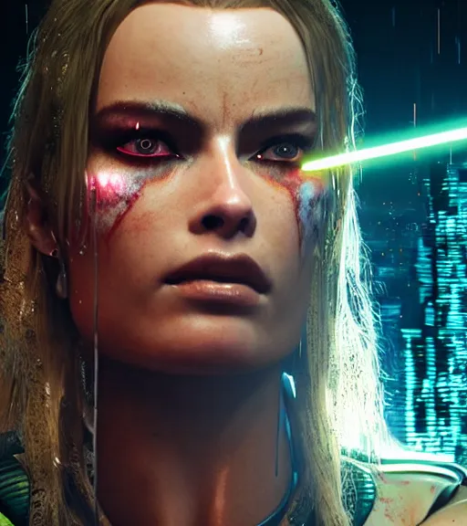 Image similar to cyberpunk 2 0 7 7, charismatic rugged female battle margot robbie - mage portrait, clothed in hooded, metal - plated battle armor atmospheric lighting painted intricate volumetric lighting, beautiful, sharp focus, ultra detailed by leesha hannigan, ross tran, thierry doizon, kai carpenter, ignacio fernandez rios