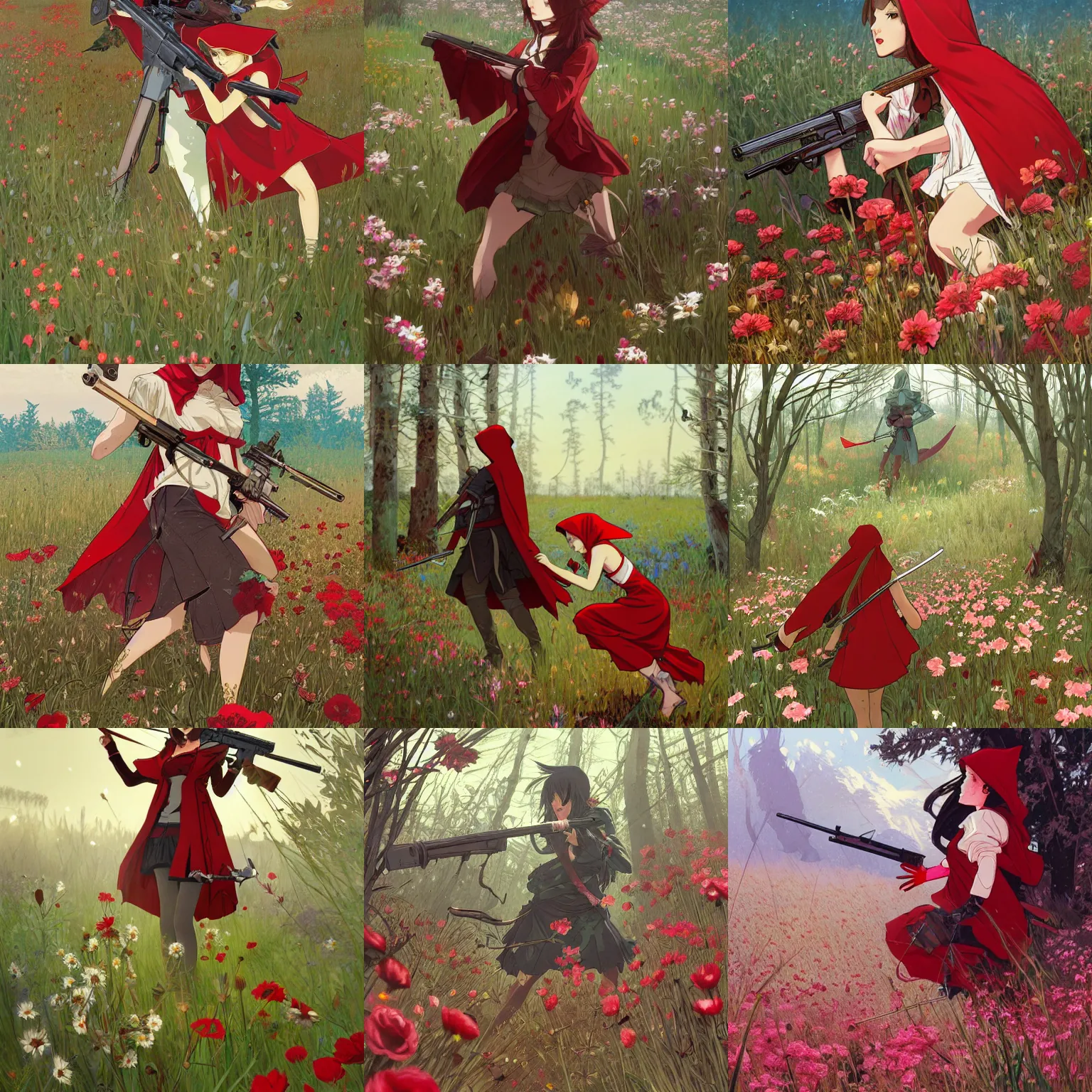 Prompt: Red Riding Hood battling the Big Bad Wolf with a rifle in a field of flowers, fantasy, highly detailed, artstation, digital illustration, concept art, matte oil painting background, by Kyoto Animation and Studio Ghibli, by Ilya Kuvshinov and Alphonse Mucha