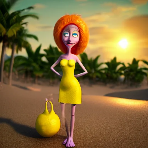 Image similar to 3 d octane render, of a hot anthropomorphic lemon female character inspired by the movie monsters inc, with lemon skin texture, she is wearing a hat, building a sandcastle on the beach at sunset, beach, huge waves, sun, clouds, long violet and green trees, rim light, cinematic photography, professional, sand, sandcastle, volumetric lightening