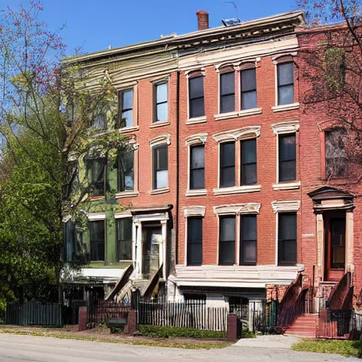 Prompt: 1 9 th - century brooklyn brownstone building, small creek