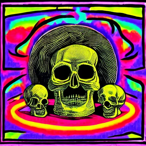 Image similar to a secret dream held by the reptilian overlords in psychedelic neon colors. drinking from the skulls of the poor