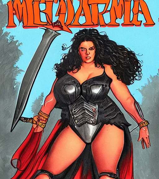 Prompt: 1 9 8 0 s fantasy novel book cover, bbw plus size amazonian sophie turner in extremely tight bikini armor wielding a cartoonishly large sword, exaggerated body features, dark and smoky background, low quality print