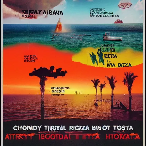 Prompt: a poster for a holiday in ibiza, where the island is burnt due to global warming, realistic, dystopian