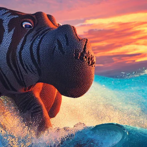 Image similar to a closeup photorealistic photograph of a cute smiling knitted tiger hippopotamus riding an epic wave at sunset. surf in the background. professional capture. brightly lit scene. this 4 k hd image is trending on artstation, featured on behance, well - rendered, extra crisp, features intricate detail, epic composition and the style of unreal engine.