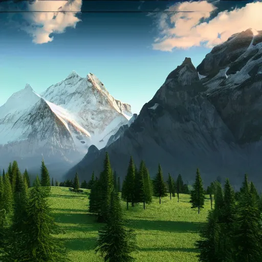 Prompt: epic mountain view, monumental mountains, green valleys with trees, glacier, digital painting, realistic render, 4k, 8k, photography, unreal engine