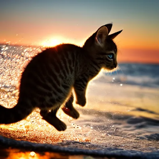 Prompt: a closeup photorealistic photograph of a cute kitten kangaroo hybrid splashing in the surf during sunset. professional capture, well lit shot. this 4 k hd image is trending on artstation, featured on behance, well - rendered, extra crisp, features intricate detail, epic composition and the style of unreal engine.