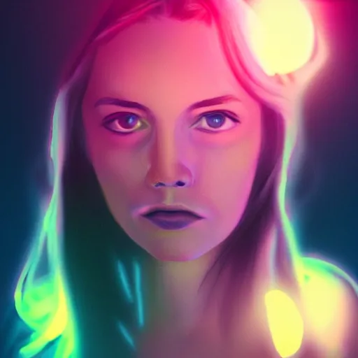 Prompt: realistic fantasy portrait of sad girl in neon light