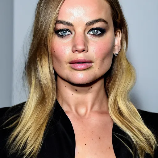 Image similar to a woman who is a genetic combination of jennifer lawrence margot robbie mila kunis lindsay lohan, medium shot, detailed eyes,