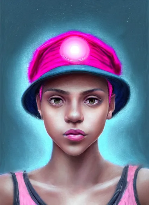 Image similar to portrait of teenage vanessa morgan with bright pink hair, black girl, curly pixie cut hair, wearing newsboy cap, pink short haircut, newsboy cap, hoop earrings, blue eyes, intricate, elegant, glowing lights, highly detailed, digital painting, artstation, concept art, smooth, sharp focus, illustration, art by wlop, mars ravelo and greg rutkowski