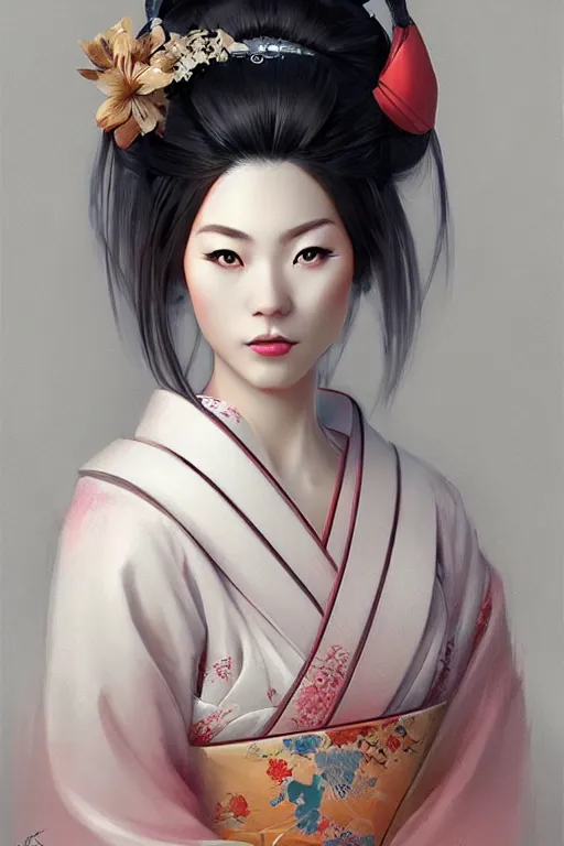 Image similar to Beautiful Geisha Portrait, character portrait art by Mandy Jurgens, 4k portrait, magical mood from japan, cgsociety