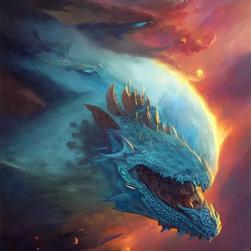 Image similar to Gigantic blue scaled dragon devouring an earth like planet while flying in space, sun system, behemoth, European dragon, nebula, oil painting, by Fernanda Suarez and Edgar Maxence and Greg Rutkowski