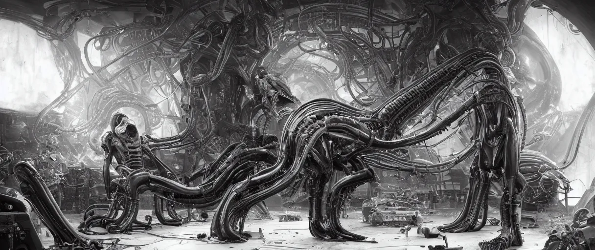 Image similar to duotone noir hyperreal concept illustration of black xenomorph alien machinery engineer sitting in chair by hr giger. cosmic horror atmosphere. accidental renaissance composition. cinematic volumentric lighting. by sachin teng and sergey kolesov and ruan jia and heng z. graffiti art, scifi, fantasy, hyper detailed. octane render. trending on artstation