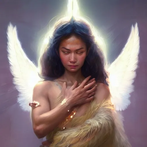 Prompt: Portrait of a Pacific Islander goddess with angel wings, and a glowing halo, white lighting, digital art by Ruan Jia and Mandy Jurgens and Artgerm, highly detailed, trending on artstation, award winning,
