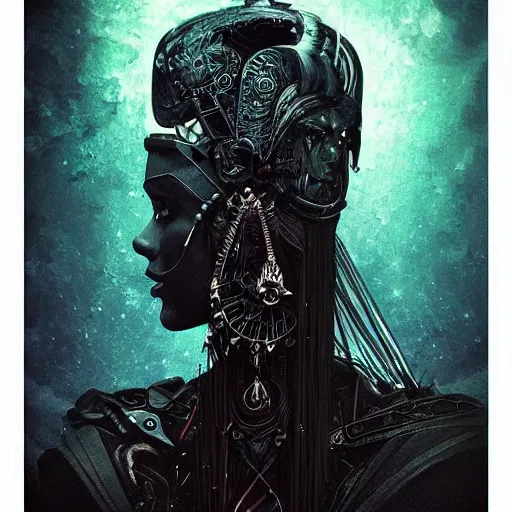 Image similar to “portrait of a standing arrogant android goddess, shaman, sword, evening, dark, intricate, very detailed, science fiction, trending on artstation, Nero, Russ Mills, Taino Matsumoto”